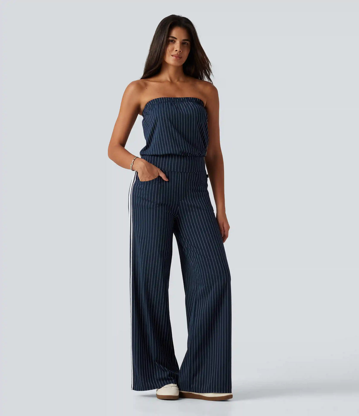 Tube Side Stripe InstantCool Straight Leg Casual Jumpsuit with Pockets-Easy Peezy Edition