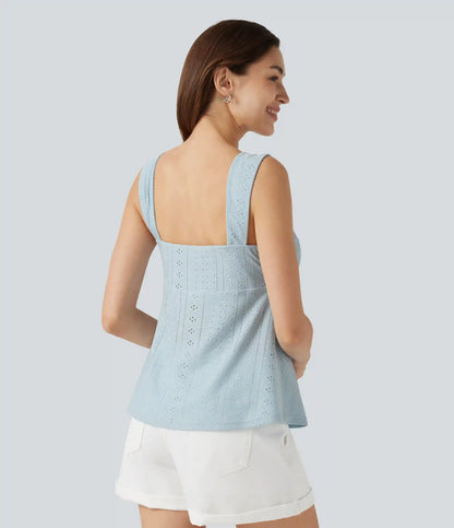 Ruched Drawstring Built-in Bra Eyelet Casual Tank Top