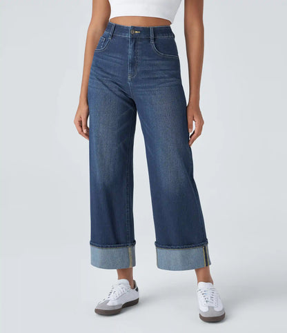 Halara Flex™ High Waisted Pockets Rolled Hem Wide Leg Washed Casual Jeans