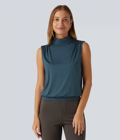 Stand Collar Ruched Work Tank Top