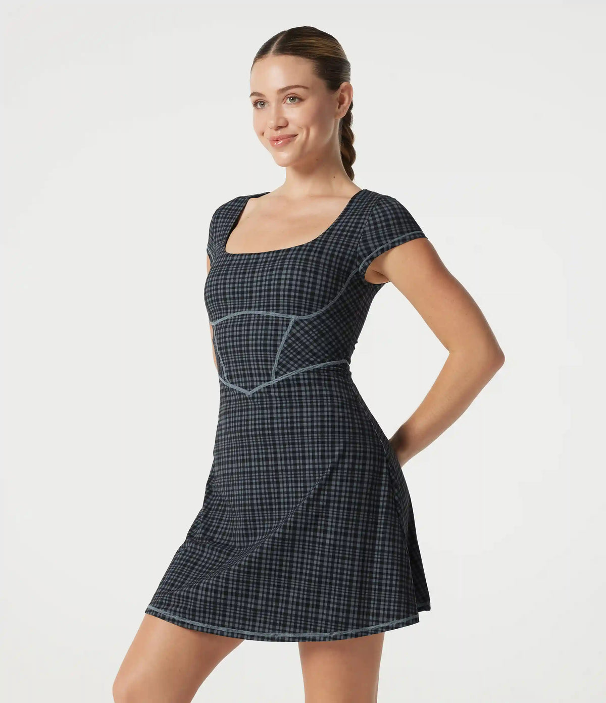 Halara UltraSculpt™ Check Plaid Print Square Neck Corset 2-in-1 Built-in Bra Mini Casual Dress with Pockets-Easy Peezy