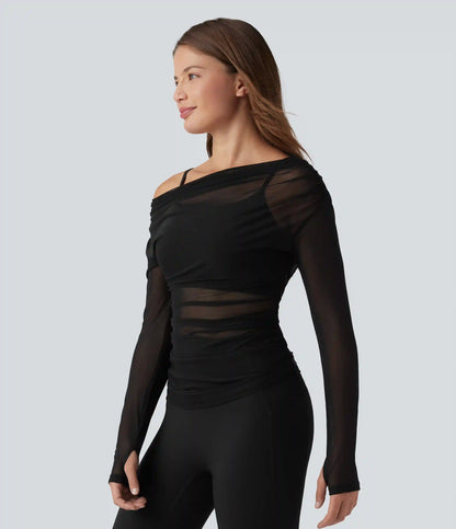 One-shoulder Long Sleeve Thumb Holes Ruched Mesh 2-in-1 Yoga Sports Top