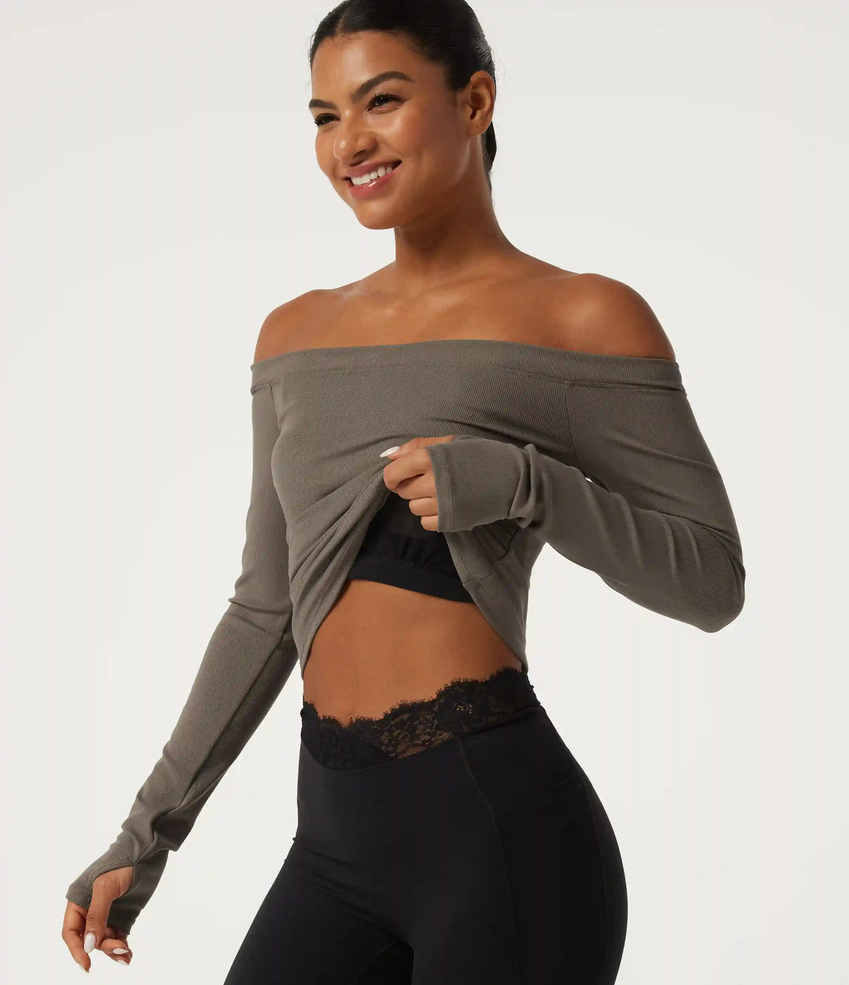 Ribbed Knit Off Shoulder Long Sleeve Thumb Hole Built-in Bra Yoga Sports Top