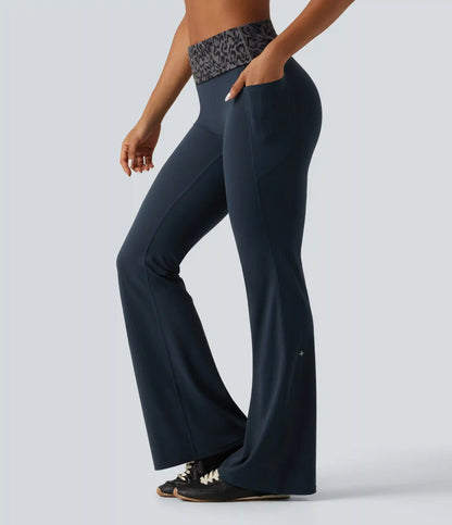 Halara UltraSculpt™ Mid Rise Foldover Tummy Control Leopard Print Flare Yoga Leggings with Pockets