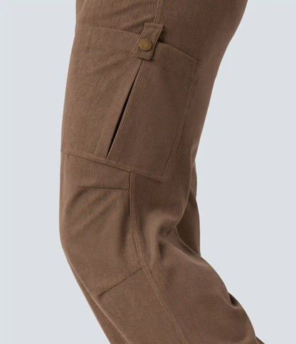 Mid Rise Drawstring Corduroy Casual Straight Leg Cargo Pants with Pockets