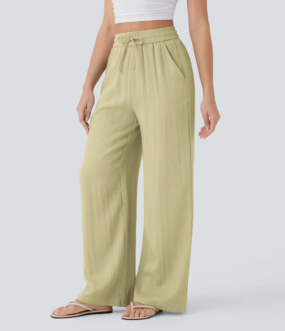 High Waisted Drawstring Pocket Wide Leg Baggy Casual Linen-Feel Pants