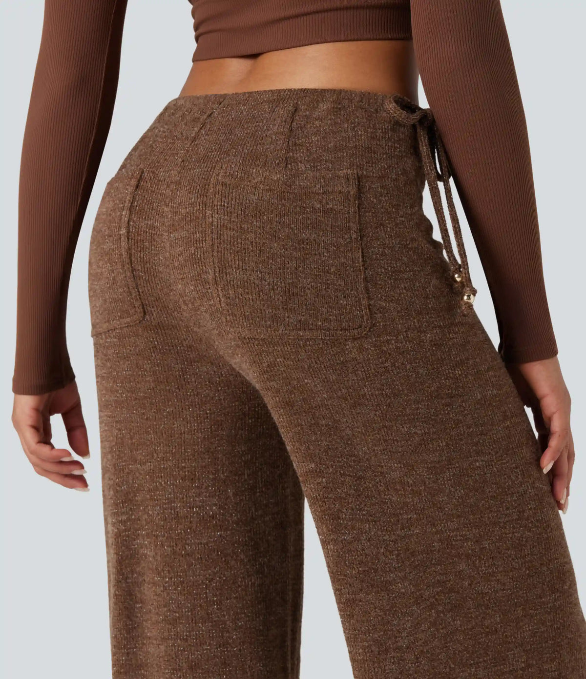 Ribbed Knit Sparkle Mid Rise Drawstring Wide Leg Casual Pants with Pockets