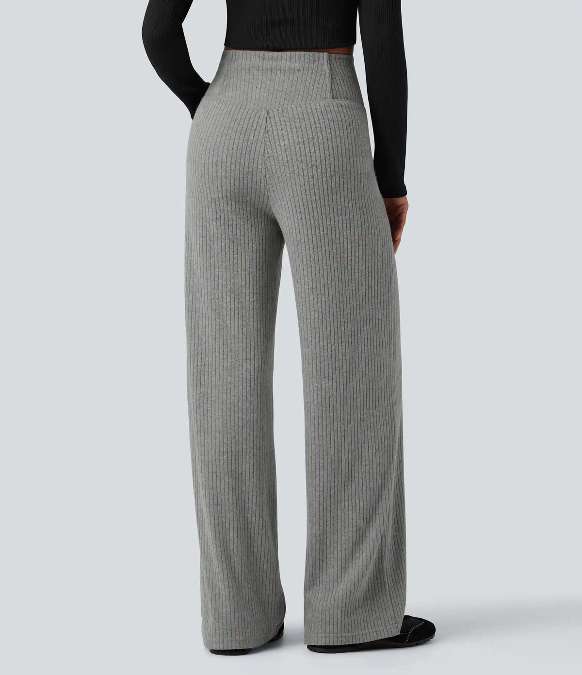 Ribbed Knit High Waisted Crossover Tummy Control Straight Leg Casual Pants with Pockets