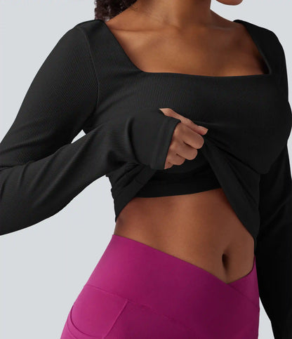 Ribbed Square Neck Push-Up Long Sleeve Thumb Hole Yoga Sports Top DD-F Cups