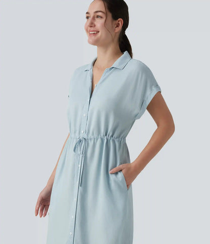 Collared Drawstring Button Fly Draped Casual Denim Shirt Dress with Pockets