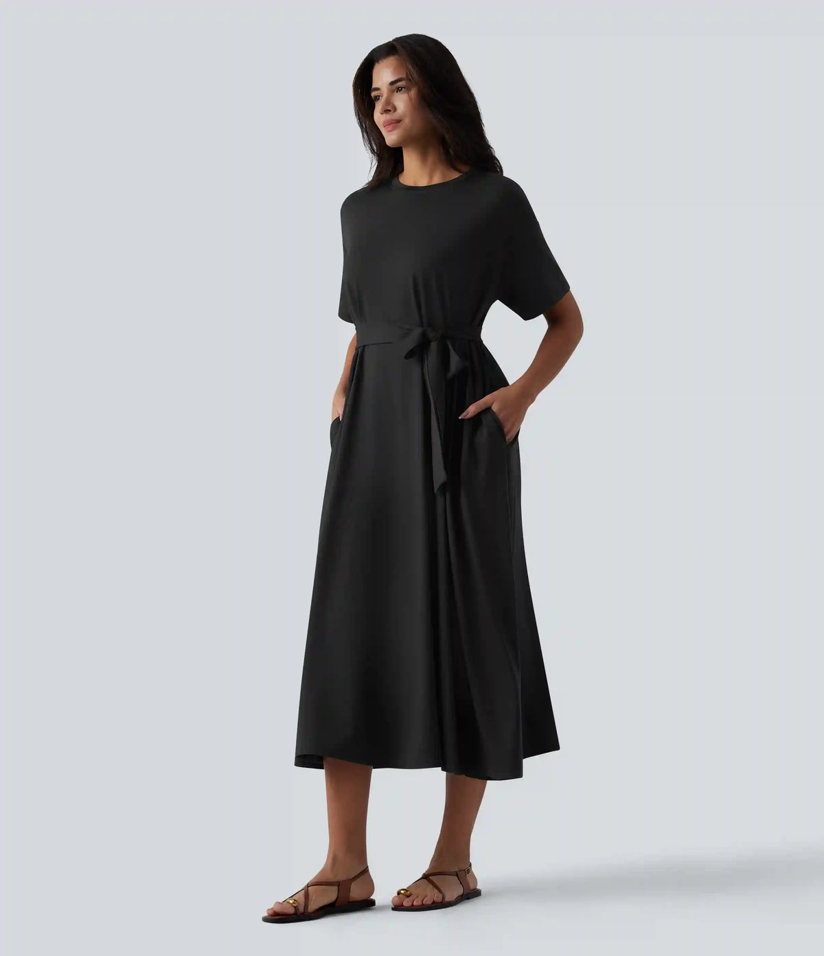 Round Neck Short Sleeve Belted Midi Flowy Casual T-Shirt Dress with Pockets