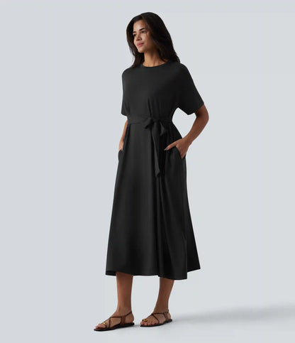 Round Neck Short Sleeve Belted Midi Flowy Casual T-Shirt Dress with Pockets
