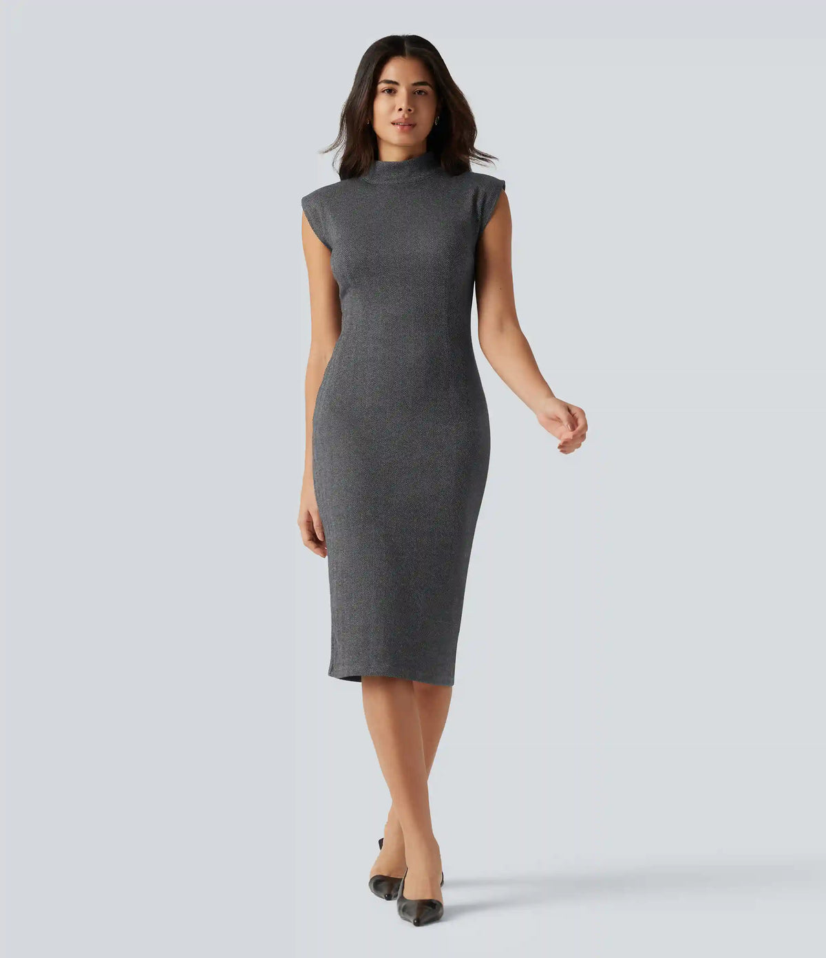 High Neck Sleeveless Bodycon Patterned Midi Work Dress