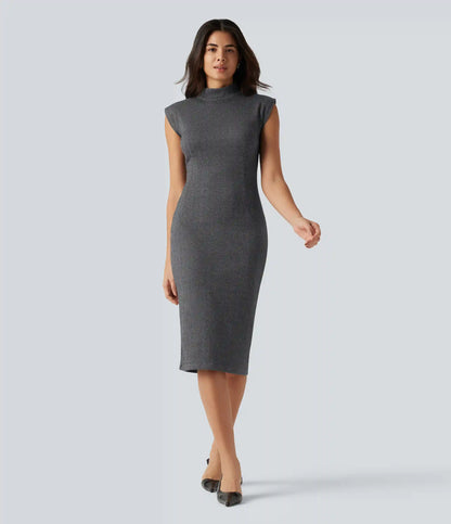 High Neck Sleeveless Bodycon Patterned Midi Work Dress