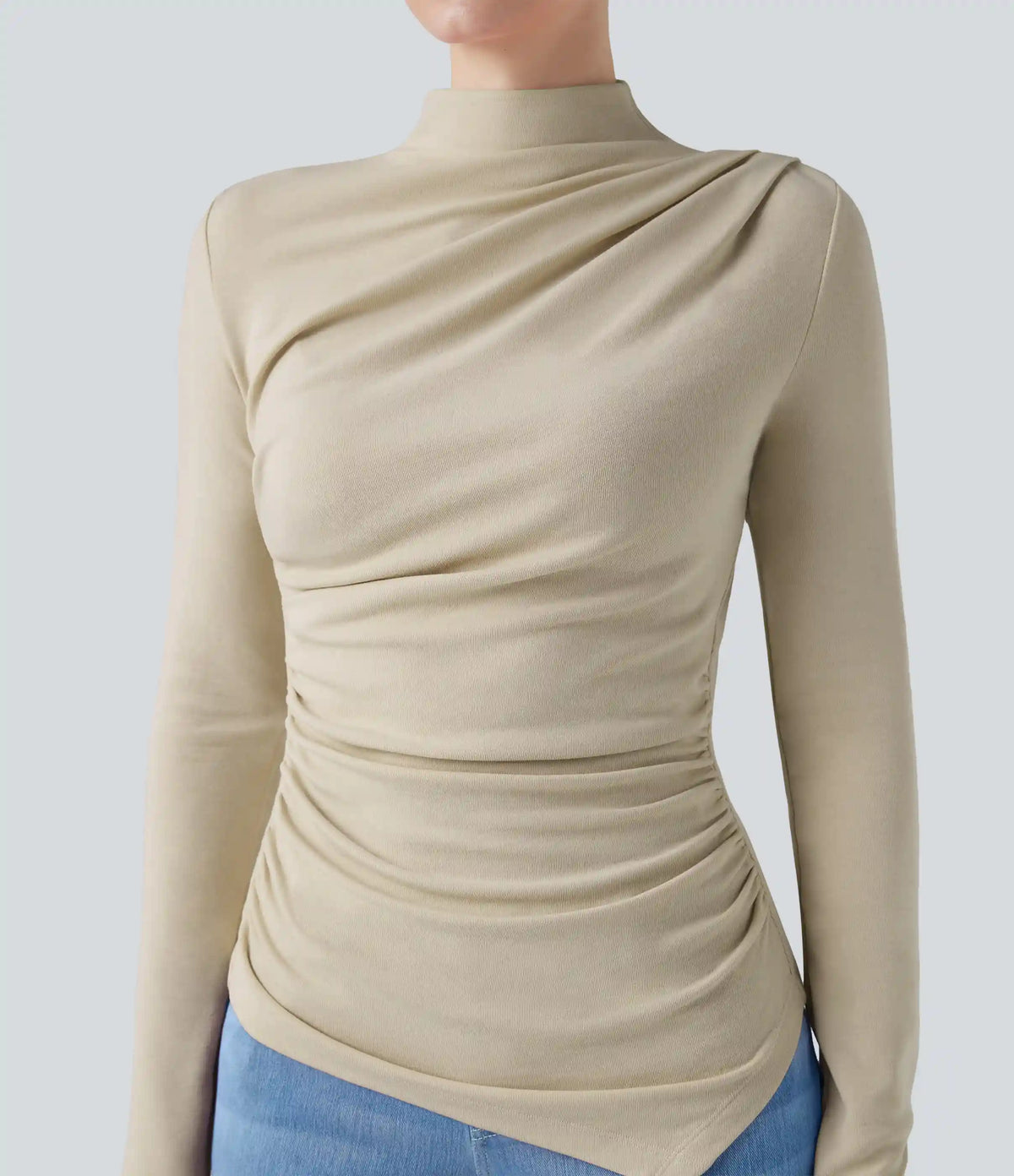 Mock-neck Long Sleeve Ruched Asymmetric Hem Thermal Casual Top