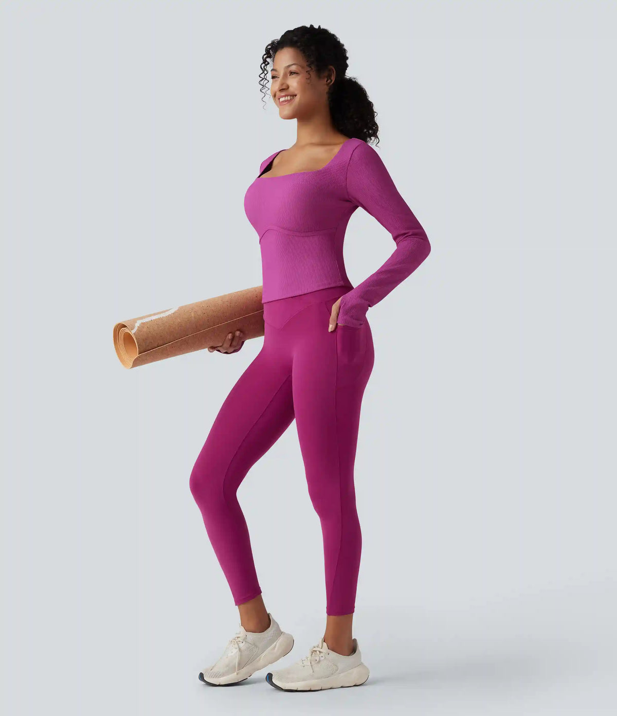 Ribbed Square Neck Push-Up Long Sleeve Thumb Hole Yoga Sports Top DD-F Cups