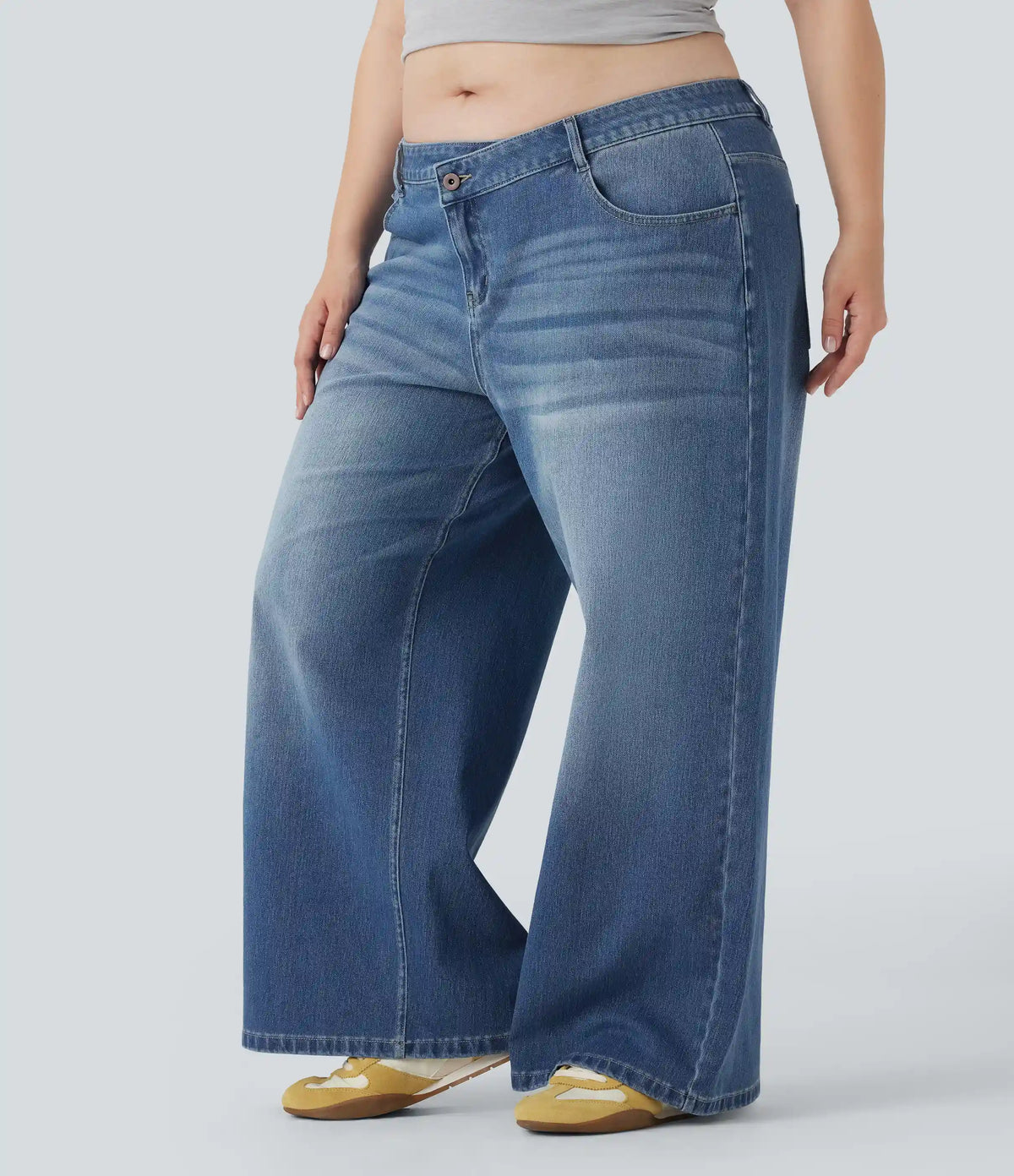 Plus Size Halara Flex™ Asymmetric Low Rise Wide Leg Washed Casual Jeans with Pockets