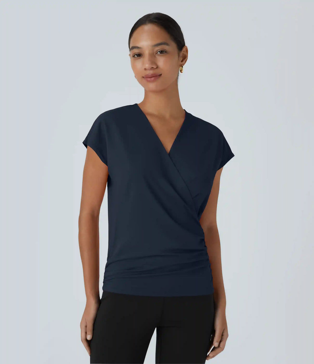 V Neck Cap Sleeve Crossover Ruched Solid Work Blouse