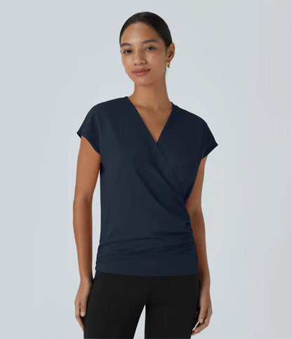V Neck Cap Sleeve Crossover Ruched Solid Work Blouse