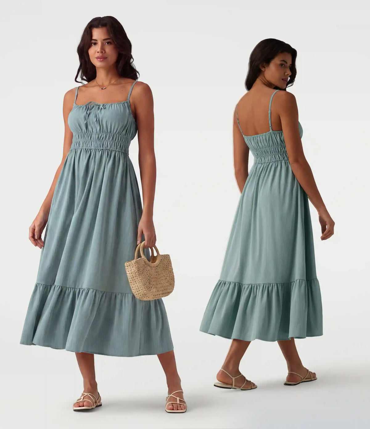 Tie Front Flowy Midi Casual Linen-Feel Slip Milkmaid Dress