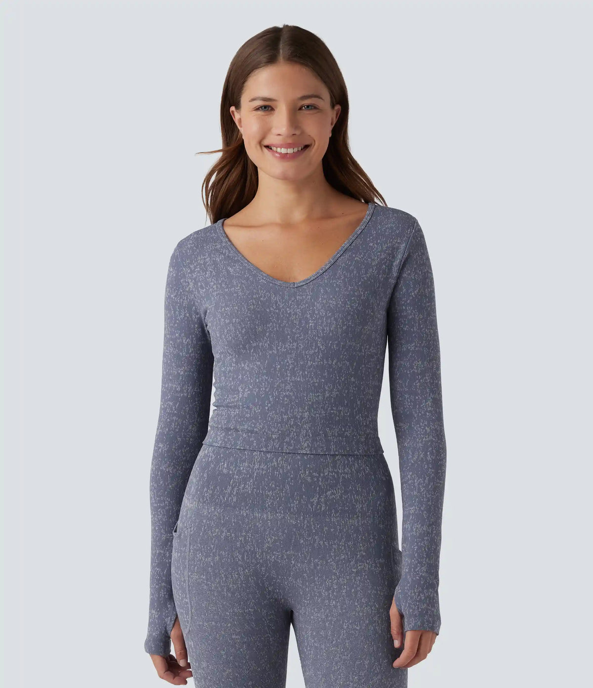 OneForm Seamless Flow V Neck Long Sleeve Thumb Hole Cropped Yoga Sports Top