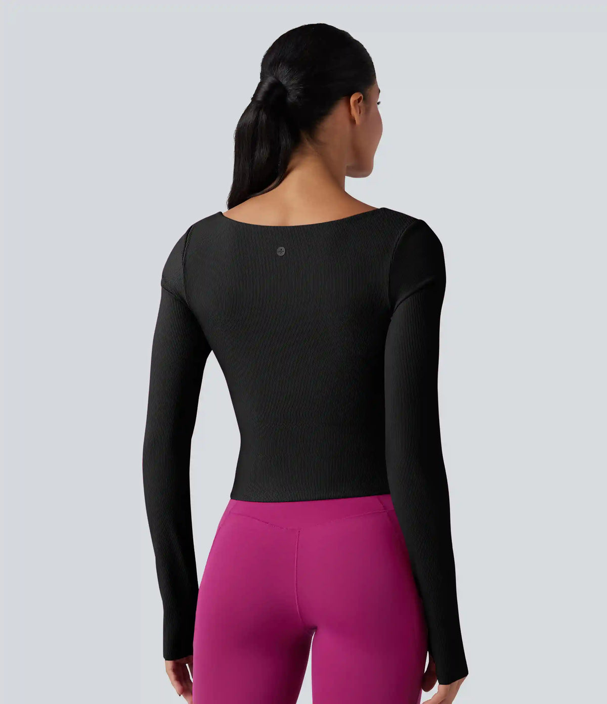 Ribbed Push-Up Square Neck Long Sleeve Thumb Holes Yoga Sports Top