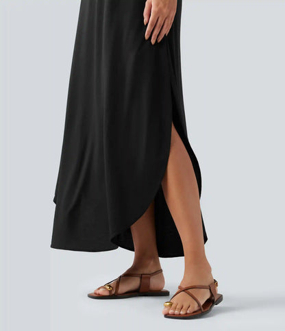 V Neck Split Hem Maxi Casual Slip Dress with Pockets