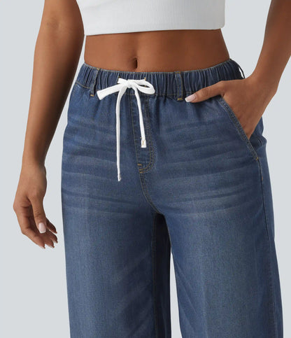 Mid Rise Drawstring Casual Jeans with Pockets