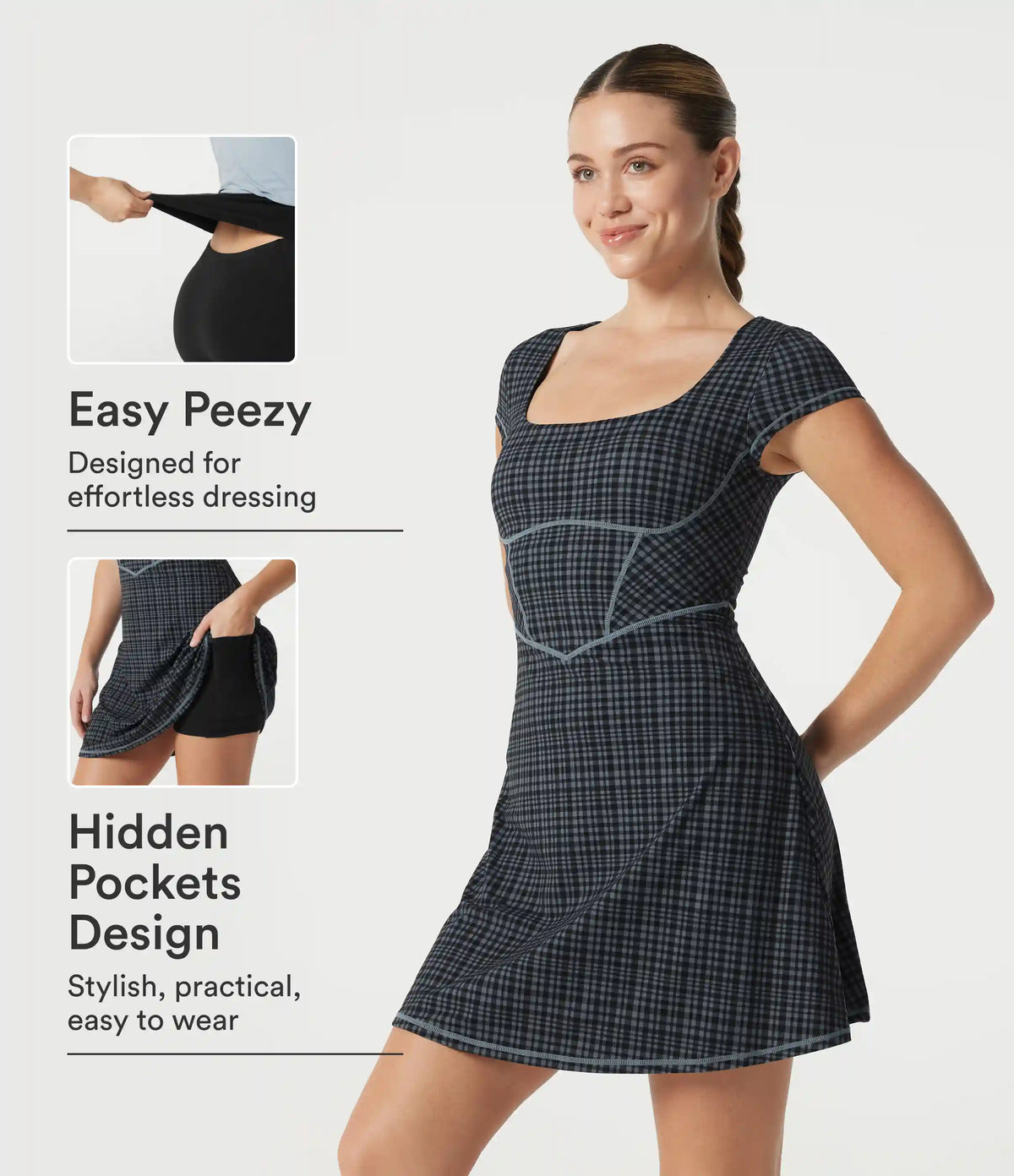 Halara UltraSculpt™ Check Plaid Print Square Neck Corset 2-in-1 Built-in Bra Mini Casual Dress with Pockets-Easy Peezy