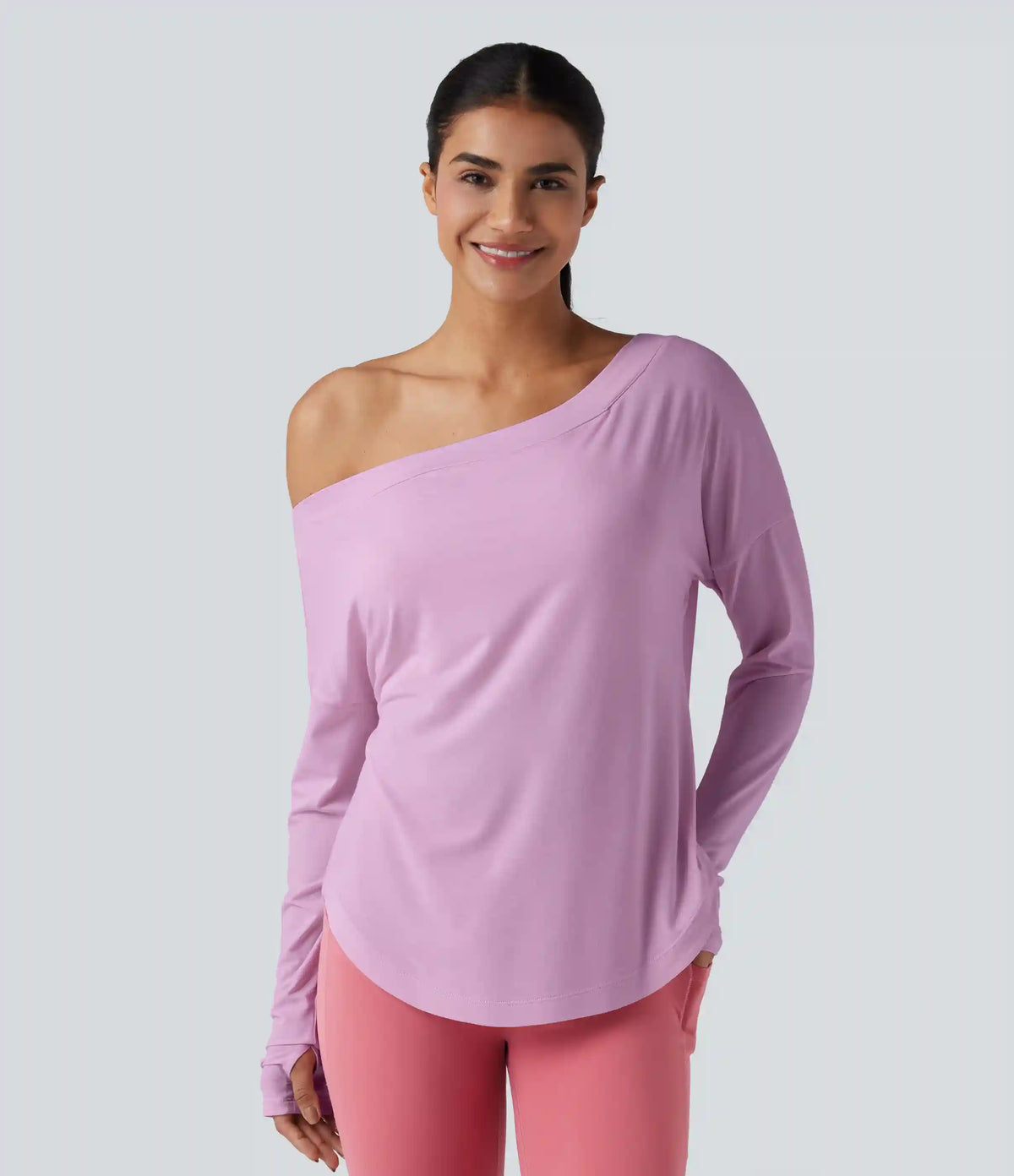 One Shoulder Long Sleeve Thumb Hole Curved Hem High Low Quick Dry Yoga Sports Top-Built-in Bra