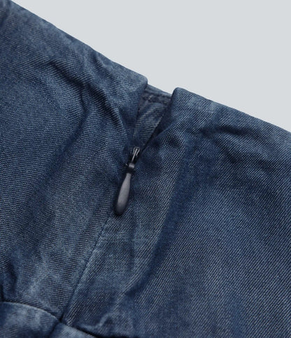 High Waisted Invisible Zipper Asymmetric Hem Midi Draped Lyocell Denim Casual Flowy Skirt with Pockets