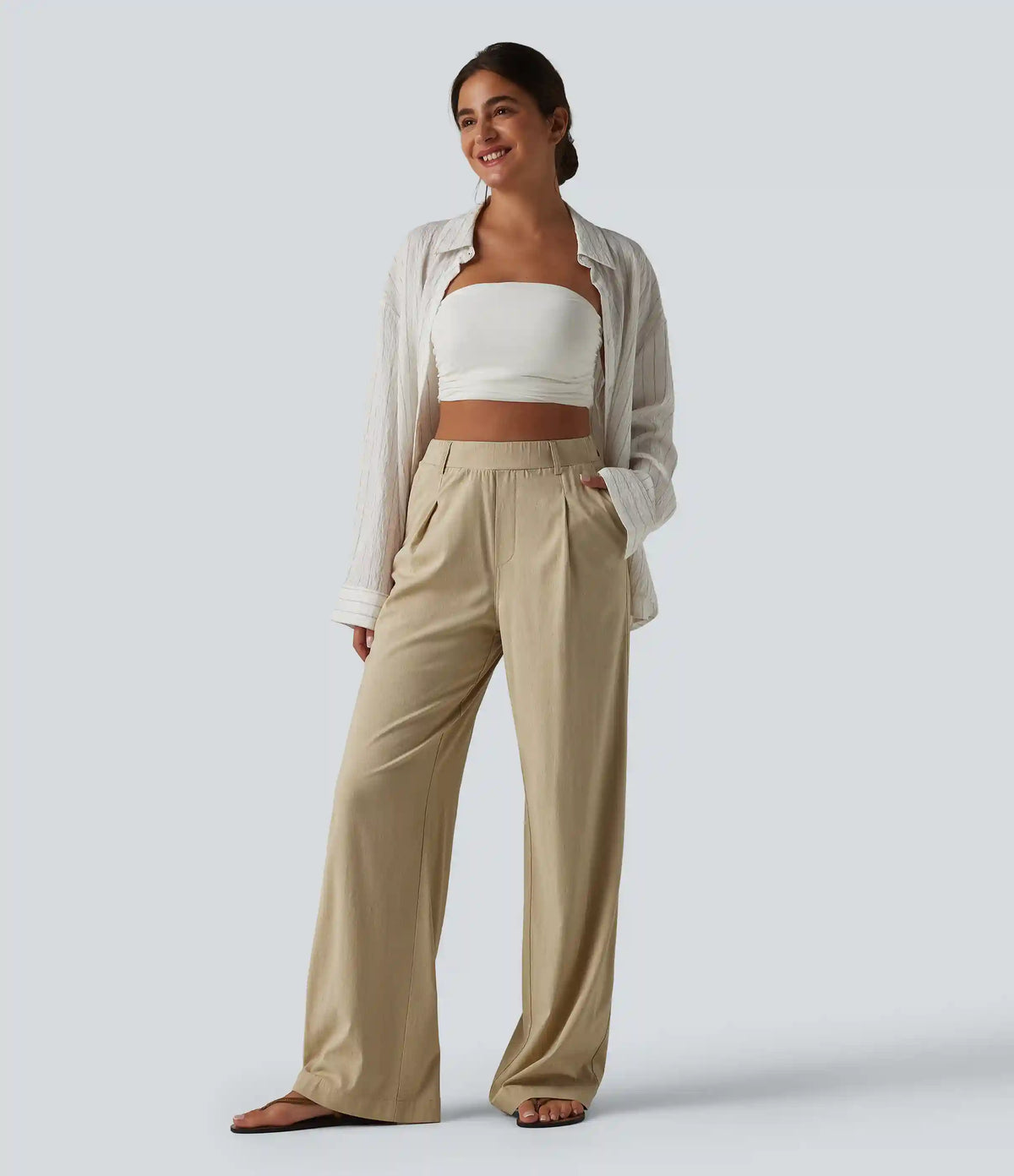 High Waisted Straight Leg Casual Stretch Linen Pants with Pockets