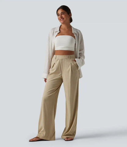 High Waisted Straight Leg Casual Stretch Linen Pants with Pockets