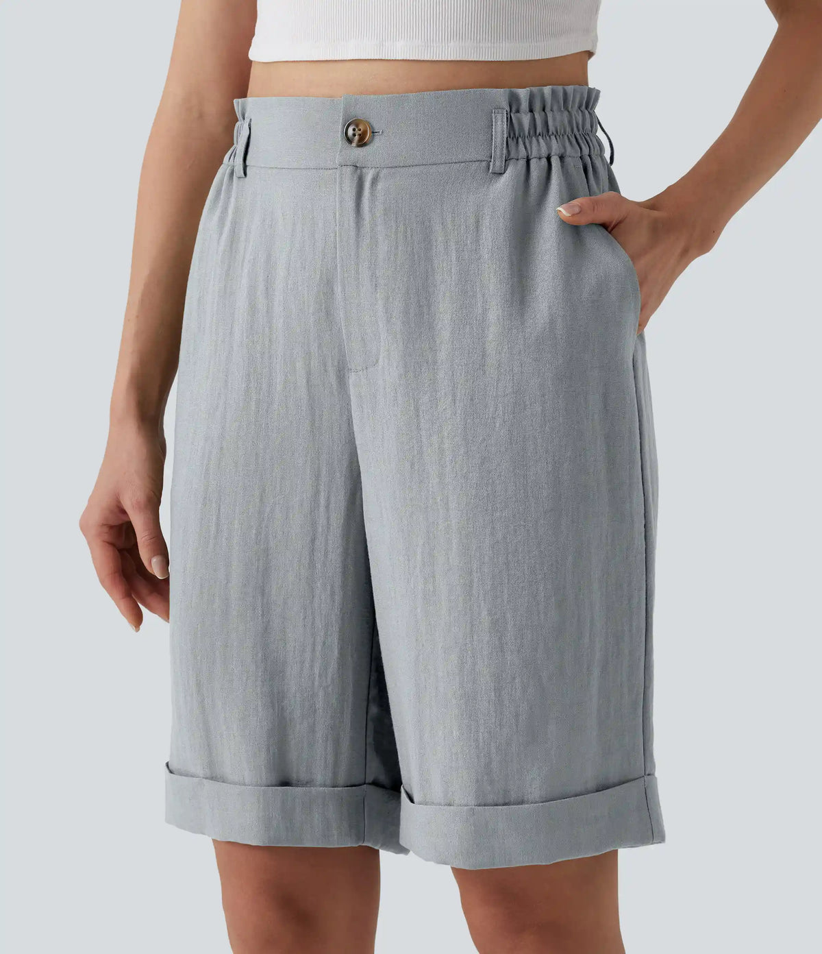 High Waisted Rolled Hem Linen-Feel Resort Bermuda Shorts 10'' with Pockets