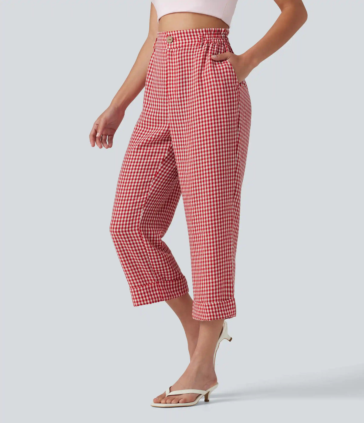 High Waisted Cropped Plaid Casual Linen-Feel Pants with Pockets