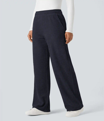 Mid Rise Chenille Waffle Casual Straight-leg Pants with Pockets