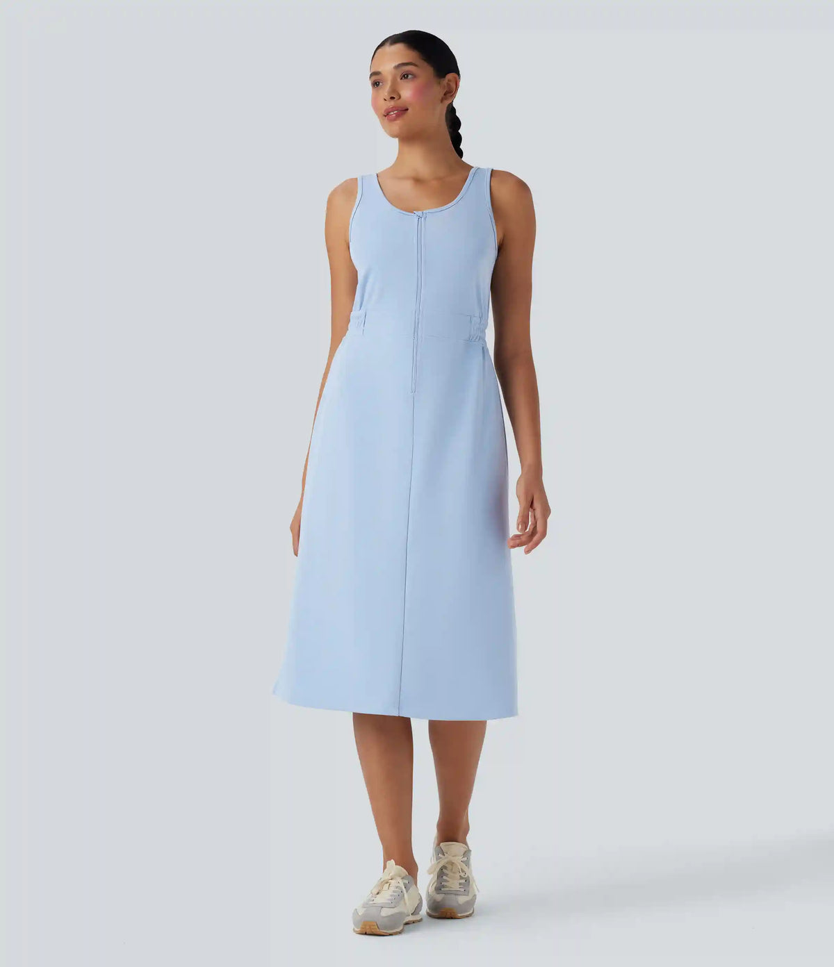 U Neck Zipper Split Knee Length Hiking Active Dress