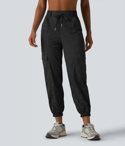 High Waisted Drawstring Tapered Workout Cargo Joggers with Pockets