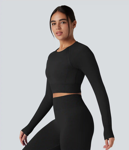 OneForm Seamless Flow Round Neck Long Sleeve Thumb Hole Cropped Yoga Sports Top