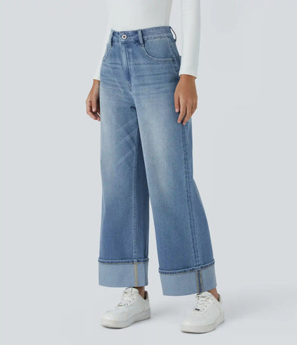 Halara Flex™ High Waisted Pockets Rolled Hem Wide Leg Washed Casual Jeans