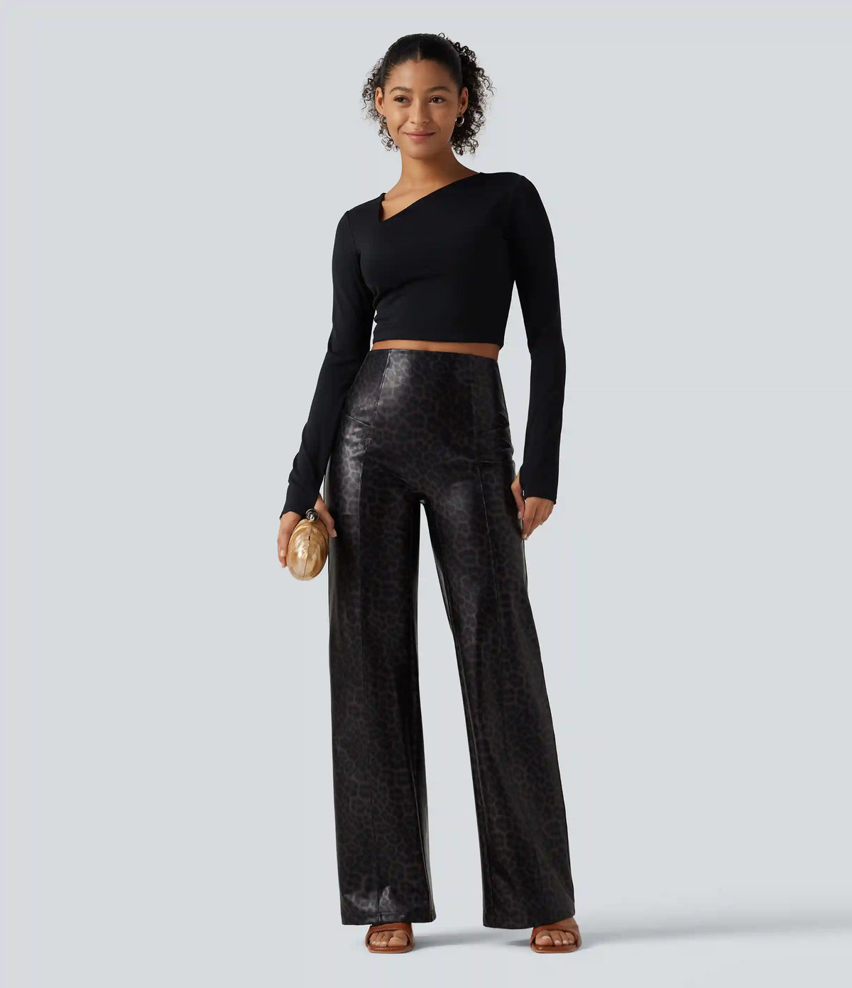 High Waisted Stretchy PU Leopard Print Leather Flare Casual Pants with Pockets