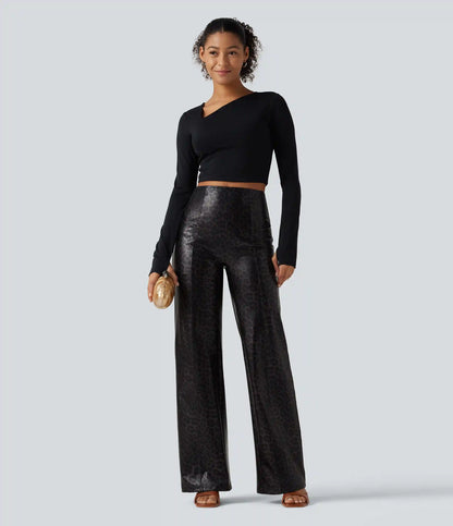 High Waisted Stretchy PU Leopard Print Leather Flare Casual Pants with Pockets