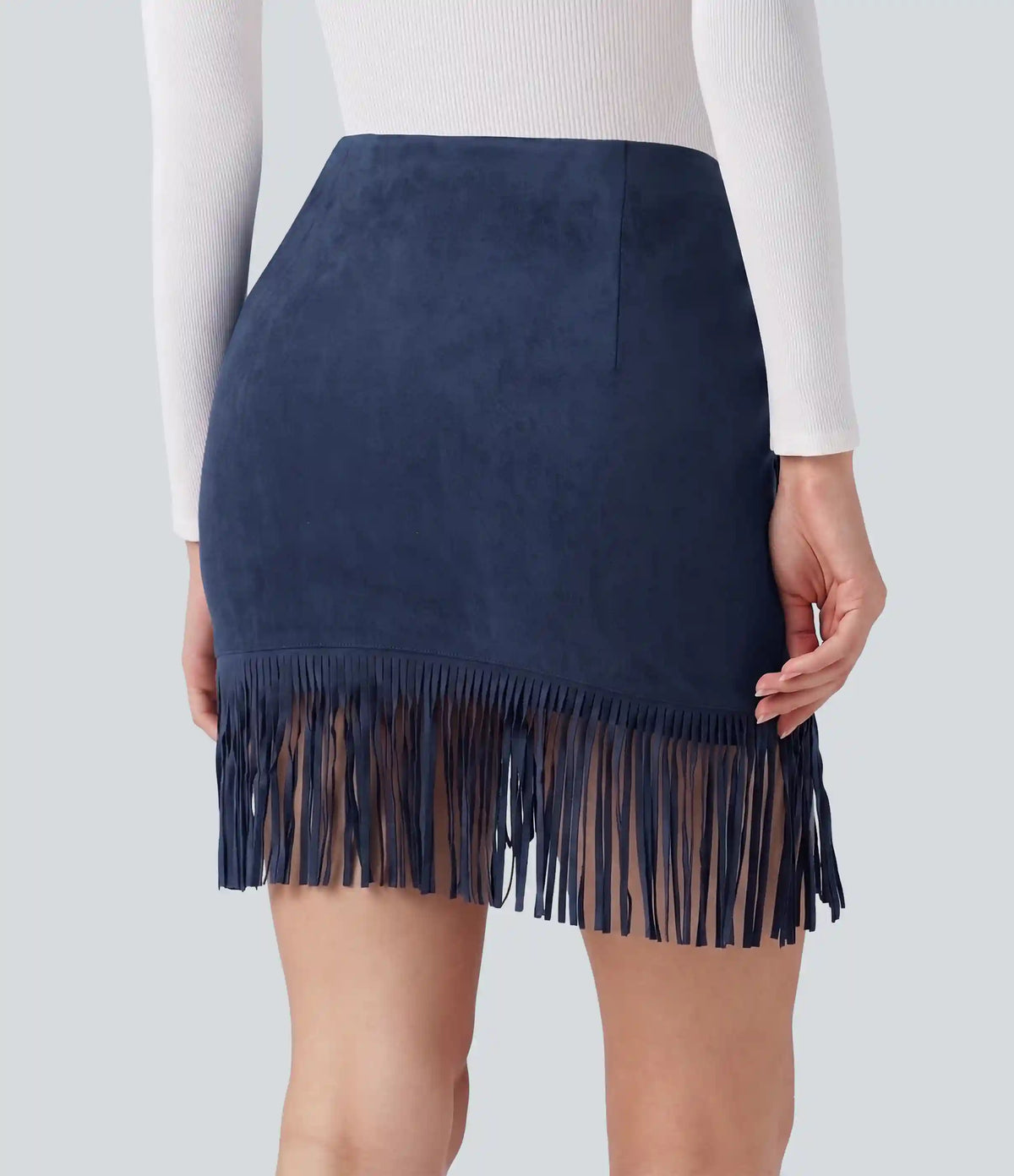 High Waisted 2-in-1 Fringe Hem Bodycon Mini Suede Casual Skirt