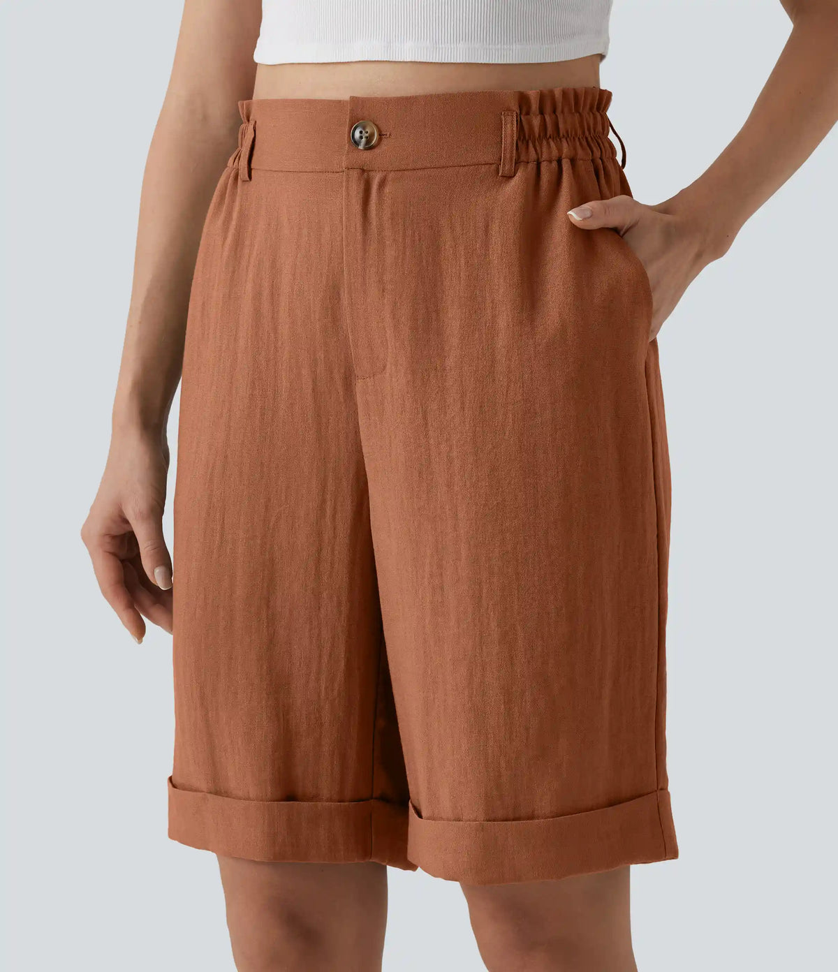 High Waisted Rolled Hem Linen-Feel Resort Bermuda Shorts 10'' with Pockets