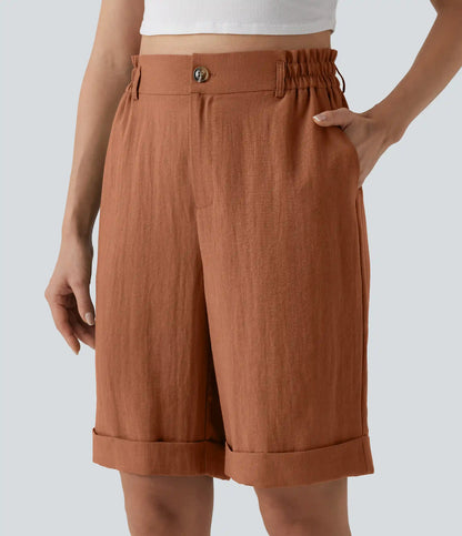 High Waisted Rolled Hem Linen-Feel Resort Bermuda Shorts 10'' with Pockets