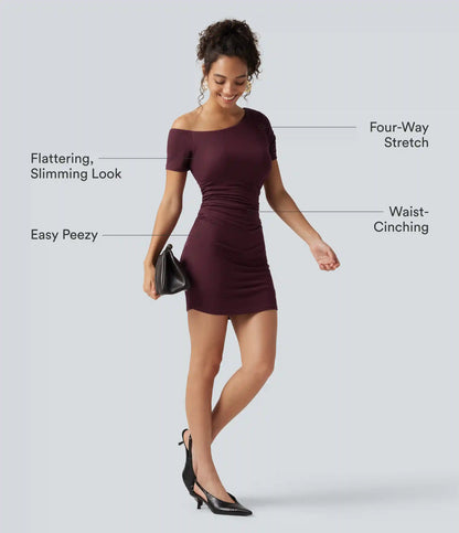 Ribbed One Shoulder Built-in Bra Short Sleeve Bodycon 2-in-1 Mini Casual Dress with Pockets-Easy Peezy Edition