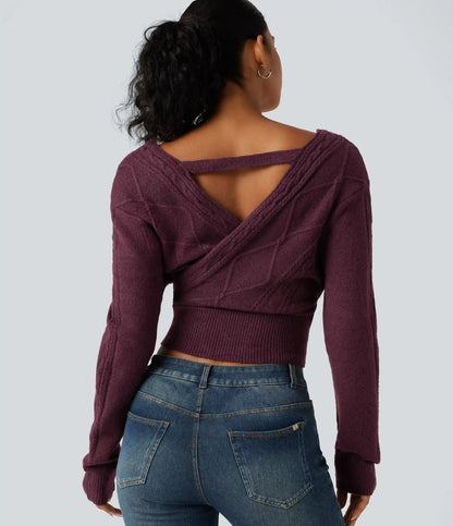 V Neck Long Sleeve V Back Casual Sweater