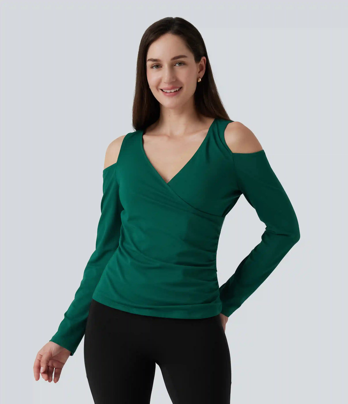 V Neck Long Sleeve Crossover Ruched Casual Top