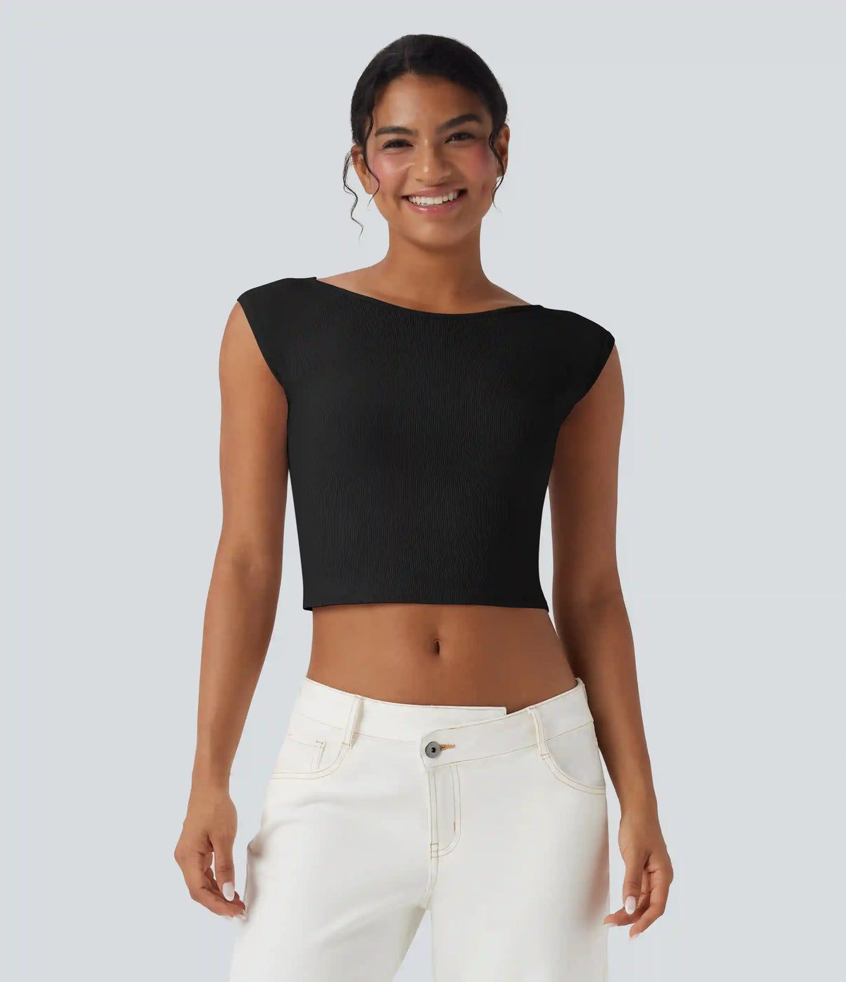 Ribbed Knit Boat Neck Short Sleeve Cropped Casual Top