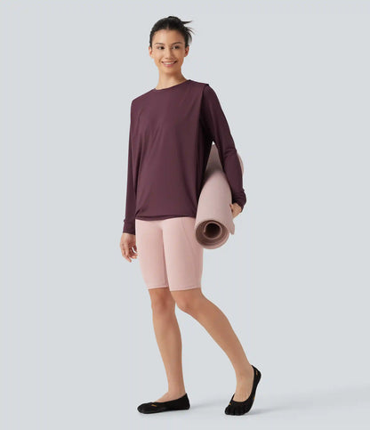 Round Neck Long Sleeve Ruched InstantCool Yoga Sports Top-Longer Length-UPF50+